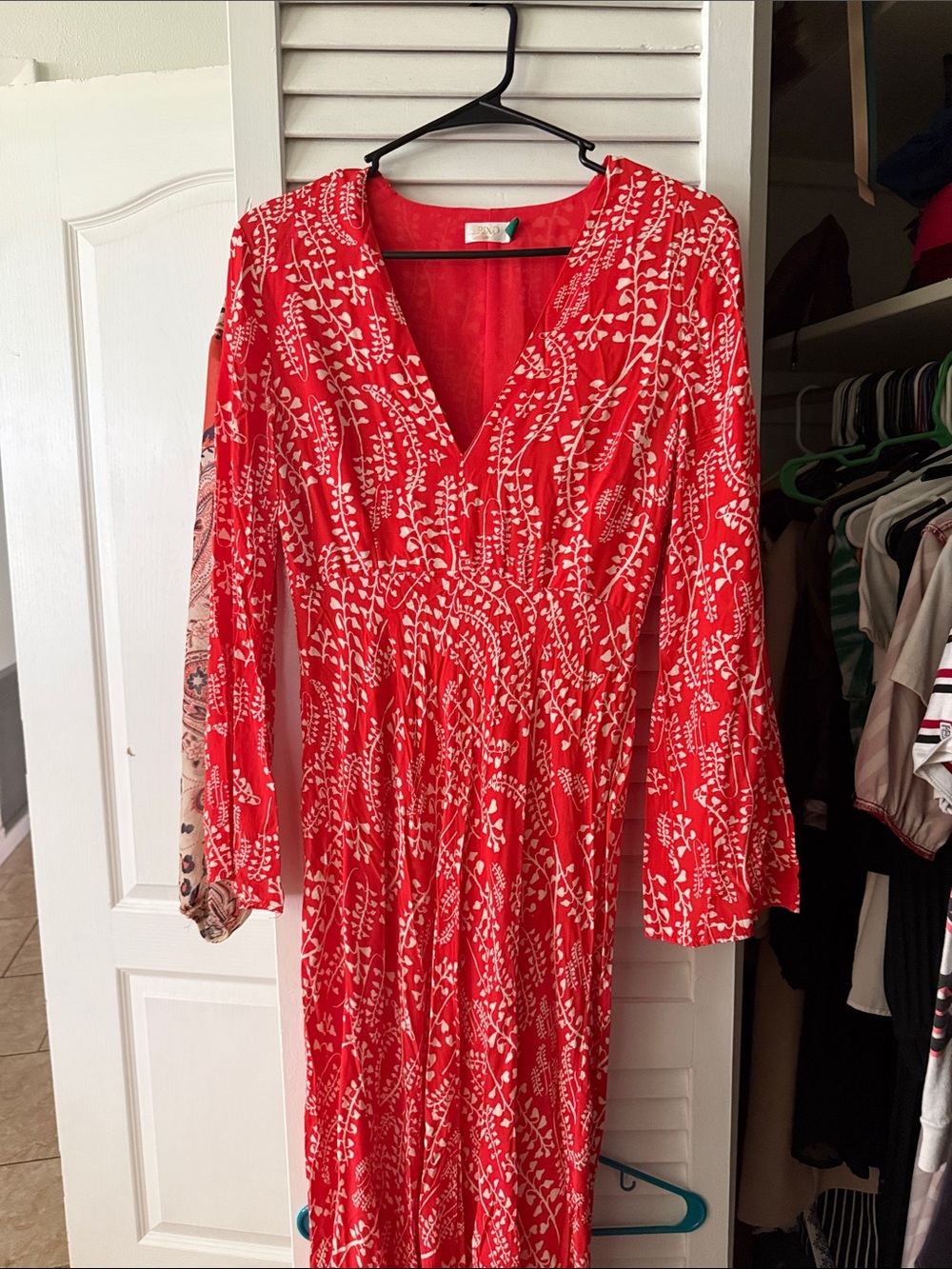 RIXO Red Printed V-Neck Long Sleeve Maxi Dress